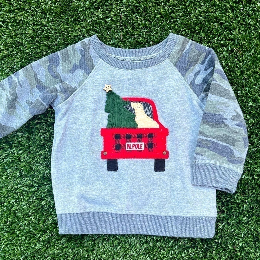 Mud Pie Christmas Boy Camo Tree Dog Truck Pullover Long Sleeve size 12-18 months